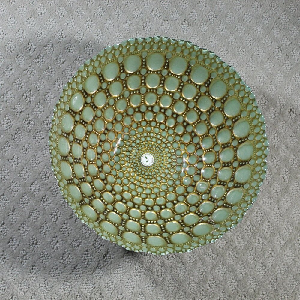 Abstract Decorative Green Silver Textured 11" x 5.5" Glass Bowl
